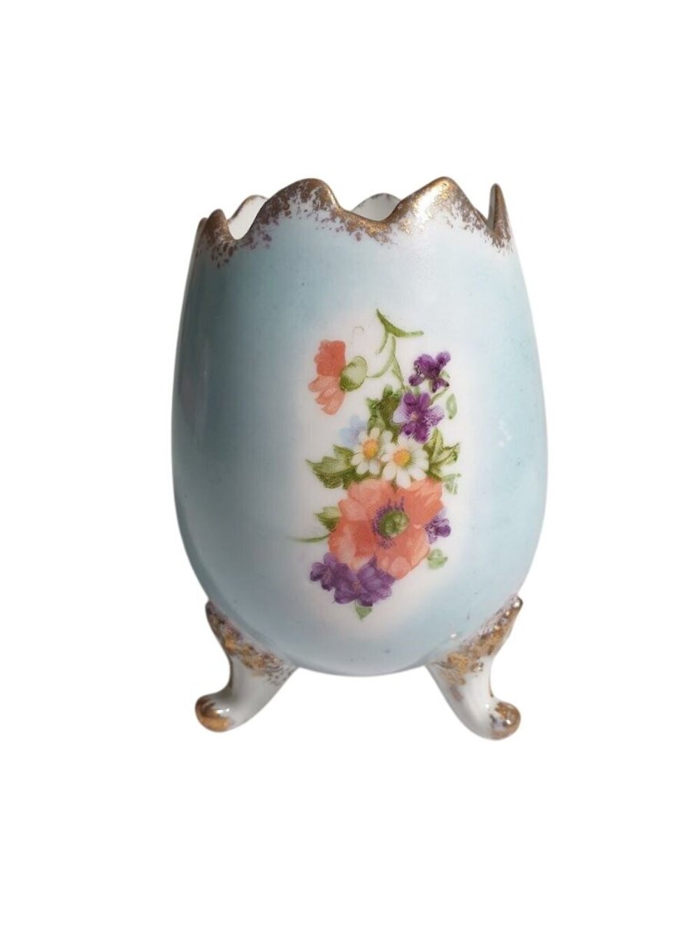 Vintage Handpainted Ceramic Charm Egg Vase Floral Motif Gold Trim Edge Footed
